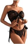 OYOANGLE Women's 2 Piece Lingerie Set Floral Lace Mesh Bow Front Strapless Wireless Bralettes and Thong Sets Black Large