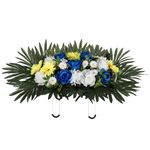 Memobloom Headstone Flower Saddle for Grave - Artificial Memorial Day Cemetery Flowers Silk Funeral Sympathy Floral Arrangements for Outdoor Gravestone Decorations(Yellow White Royal Blue)