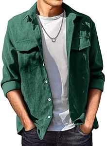 JMIERR Men's Corduroy Button-Down Shirts Casual Long Sleeve Fall Shacket Jacket with Flap Pocket for Men, L, B1 Dark Green