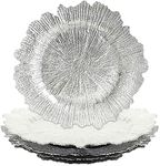 Koyal Wholesale Bulk Flora Glass Charger Plates, Set of 4, Silver, Starburst Charger Plates, Reef Charger Plates