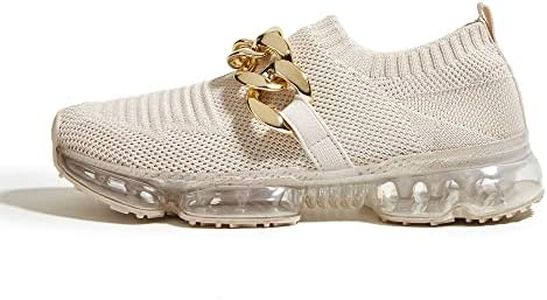 LUCKY STEP Women Air Cushion Fashion Sneakers Breathable Casual Comfortable Lightweight Walking Shoes, Beige Chain, 8