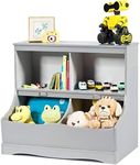 HONEY JOY 4-Cubby Kids Bookcase with Footboard, Multi-Bin Children's Storage Organizer Cabinet Shelf with Thick Wood Board for Girls & Boys, Kids Toy Storage Chest for Bedroom Decor Room (Gray)