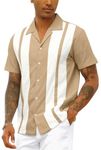 Mens Vintage Bowling Shirt Cotton Linen Beach Shirts Short Sleeve Striped Button Down Summer Tops Hawaiian Shirts Beige XXL