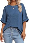 Naivikid Women's Oversized Tunic Length Tops Rolled Short Sleeves Summer Tops Casual Crewneck T Shirt Blue XL