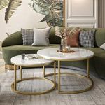 Zareen Mart Marble Nesting Golden Coffee Table 22In Large Set of 2, Metal Frame Circular and Round Wooden Tables 22in, Living Room Bedroom Apartment Modern Industrial Simple Nightstand