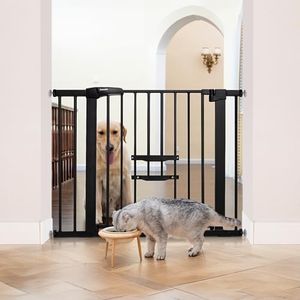 BABELIO Baby Gate with Cat Door, 73.7-101.6 CM Metal Dog Gate for Stairs & Doorways, Pressure Mounted Safety Gate with Pet Door, NO Tools Needed (76.2 CM Tall, Black)