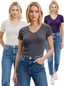 Emmalise Women's Plain Short Sleeve V Neck T Shirt(3P-Prpl/Chrcl/Oat-1X)