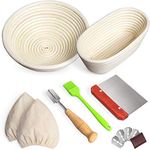 Bread Proofing Basket Set Of 2, 9 Inch Round & 10 Inch Oval Cane Banneton Sourdough Baskets with Bread Lame + Dough Scraper + Linen Liner + Basting Brush for Bread Making Baking Fermentation