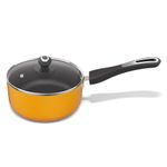 ‎Preethi Dura Collection Non Stick Milk Pan, 16 cm, with Glass Lid, Gas & Induction Compatible, 5 Star Non Stick Effect, Turmeric Yellow