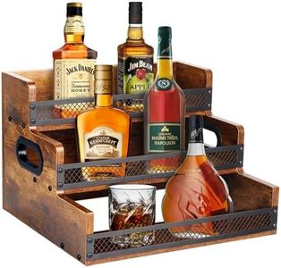 Liquor Bottle Display Shelf, Coffee Syrup Rack Organizer, 3 Step Countertop Liquor Wine Rack, 12 Bottles Coffee Station Organizer with Fences & Handles, Home Retro Bar Shelf Stand for Liquor Whiskey