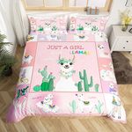 Manfei Cute Llamas Duvet Cover Set Single Size, Kawaii Alpaca Bedding Set 2pcs for Kids Girl Bedroom Decor, Pink Checks Latticed Patchwork Comforter Cover Cartoon Animal Quilt Cover with 1 Pillowcase