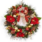 GarveeHome 30 Inch Christmas Wreath with Lights for Front Door, Lighted Christmas Wreath with 40 LED Lights Red Gold Balls Pine Cones Bow, Large Outdoor Xmas Wreath for Window Fireplace Decor