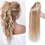 Human Hair Ponytail Extension Claw on Clip Real Human Hair Natural HairPiece Straight (#18/613 Ash Blonde Mix Bleach Blonde, 14 Inch)