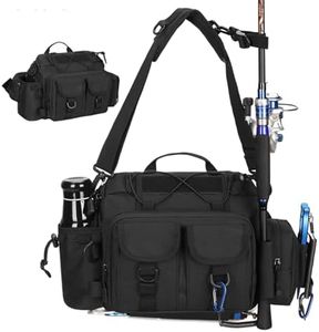 GGYCOB Fishing Tackle Bag Crossbody Sling Bag Fly Fishing Gear Organizer Pack for Fishing Hiking Camping Hunting Waist Bag for Men 1000D Nylon Waterproof (Black)