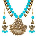 JFL - Jewellery for Less Handcrafted Gold Peacock German Silver Oxidized Combo of 2 Earrings and Beaded Necklace Set with Adjustable Thread for women & girls,Valentine