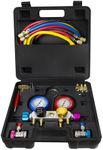 BACOENG 4 Way AC Diagnostic Manifold Gauge Complete Set for R134A R410A R22, with 5FT Hose, 3 Acme Tank Adapters, Adjustable Quick Couplers and Universal Can Tap