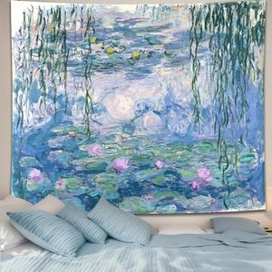 Vintage Monet Waterlily Floral Tapestry, Small Art Wall Tapestry for Bedroom, Blue and Pink Flower Posters Wall Hanging, Garden Aesthetic Tapestry for Living Girls Boys School Classroom Room Office,