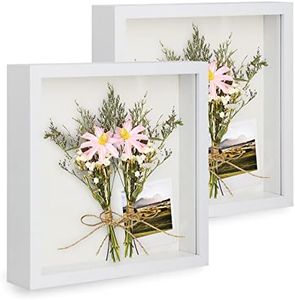 Anhow Shadow Box 9x9 inch Picture Frame, 2 Pieces 23x23 cm Real Glass Display Case Photo Frame for Memorabilia, Baby Items, Wedding Memories, Crafts, Tickets and Photos (White, 9x9)