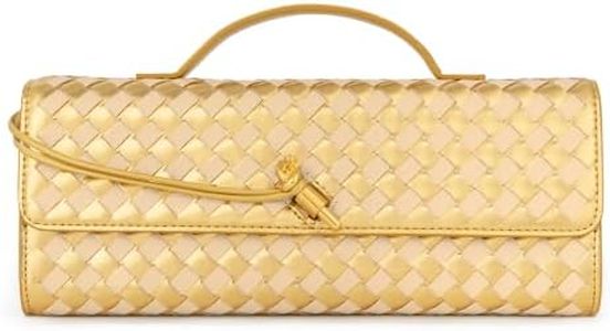 Joryin Woven Purse for Women Evening Clutch Woven Leather Handbags Crossbody Bag Purse Formal Evening Bag, Golden Khaki
