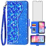 Asuwish Phone Case for Alcatel TCL A3 A509DL / A30 Wallet Cover with Screen Protector and Flip Credit Card Holder Bling Glitter Stand Cell TCLA3 TLC A 3 3A 509DL 30A 5102 5.5 inch Women Girls Blue