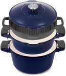 NATIVO 5 pc Stackable Cast Iron Cookware Set, Versatile Enamel Dutch Oven, Seasoned Grill Pan & Enamel Braiser with Precision Pour Spouts, Universal Lid, Included Spacers/Handle Holders, Midnight Blue