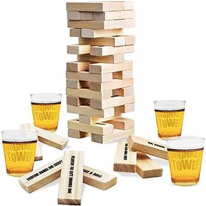 ArtCreativity Tumbling Tower Drinking Game, Drinking Game with 4 Glasses and 60 Wooden Blocks with Challenges, Fun House Party Games for Game Night, Great Gift Idea