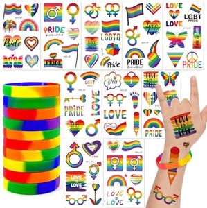 GEBETTER Día Orgullo Pride 10* Tatuajes Temporales + 10* Pulseras Silicona Arcoiris, Accesorios LGTBI+ Fiesta Desfile LGBTI Gay Pride Day Festival Regalos Amigos Arco Iris Adultos