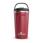 Greens Steel Reusable Coffee Cup - 480 ml (16 oz) Red | Travel Mug with Lid & Handle | Stainless Steel Insulated Flask for Hot & Cold Drinks | Leak Proof Tumbler for Tea, Coffee, Iced Drinks