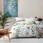 MILDLY 100% Egyptian Cotton Duvet Cover Sets, Gradient Teal Leaves Pattern Bedding Sets 3pcs, Ultra Soft and Breathable Chic Quilt Cover for All Season (1 Queen Comforter Cover + 2 Pillow Shams)}