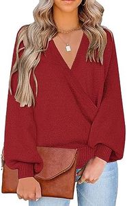 LookbookStore Womens Sweater Pullovers Womens Red Sweater V Neck Sweater Long Sleeve Tunic Tops Fall Top for Women Haute Red Size Medium Size 8 Size 10