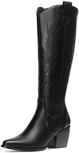 DREAM PAIRS Womens Cowboy Boots Comfortable Pull On Zipper Chunky Heel Pointed Toe Embroidered Western Cowgirl Knee High Boots Girls Ladies Retro Tall Boot,Size 7,Black/pu,SDKB224W