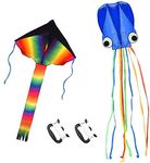 Listenman Pack of 2 Kites Large Rainbow Delta Kite and Blue Mollusc Octopus with Long Colorful Tail, Kites for Kids and Adults Easy to Fly Kite for Beach Great Outdoor Games and Activities with Family