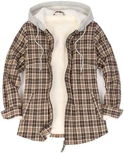 ZENTHACE Women's Thick Brushed Flannel Jacket Zip Up Sherpa Lined Hoodies Plaid Shacket Soft Cozy Winter Wear Coffee Khaki L