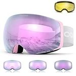 Odoland Photochromic Magnetic Interchangeable Ski Goggles with 2 Lens, Large Spherical Frameless Snow Snowboard Goggles for Men Women, Potochromic Revo Pink Lens
