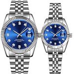 Couple Watches Fashion Silver Stainless Steel Pair Watches Men and Women Matching Quartz Wrist Watches Gifts Set of 2, Luxury/blue, Fashion