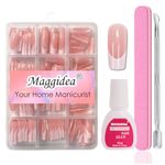 Maggidea Press on Nails, 240 Pcs Coffin Fake Nails French Tip Nude Color False Nail Glossy Full Cover Glue on Nails Ballerina Nail Art Manicure Decorations for Girls Women (French-Medium Long Square)