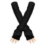 Feelorna Arm Sleeve Winter Warmer, Fingerless Stretchy Gloves Long Arm Warmers with Thumb Hole for Women (Black)