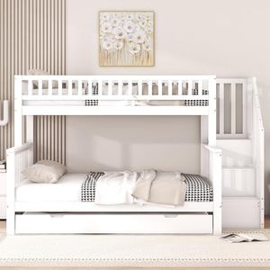 Moimhear Letto a castello per bambini 90 x 200 oltre 140 x 200 con letto a rotelle e scale, bianco (WX000306-M)