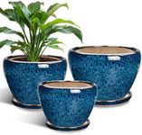 EPFamily Ceramic Plant Pots Indoor, 10 Inch 8 Inch 6 Inch Round Planters Pots for Indoor Outdoor Plants, Modern Large Flower Pots with Drainage Holes and Saucers, Set of 3, Blue