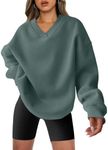 ANRABESS Womens Oversized V Neck Sweatshirt Fleece Long Sleeve Hoodies Pullover Comfy Top Outfits 2024 Teen Preppy Clothes X-Large Lake Green