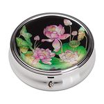 Mother of Pearl Pink Lotus Flower Pill Box - Compact 3 Compartment Portable Round Travel Camping Vitamin Medicine Case Holder Container Organizer for Pocket Purse