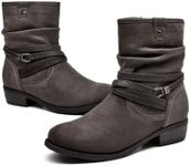 VJH confort Women's Mid Calf Boot,Round Toe Low Heel Comfort Slouchy Bootie with Side Zipper Buckle Strap (taupe,11)