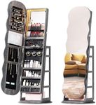 Lvifur 360° Swivel Jewelry Cabinet with Lights,LED Jewelry Organizer with Full Length Mirror, Lockable Wavy Mirror Jewelry Cabinet Standing with Rear Storage Shelves,Makeup Tray,Rustic Brown