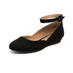 DREAM PAIRS Women's Ballet Flats Pumps Ballerina Ankle Strap Elastic Low Wedge Sandals Round Toe Comfy Dolly Shoes,Size 8,Black/Suede,REVONA