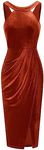 GRACE KARIN Women's Halterneck Sleeveless Ruched Bodycon Slit Velvet Wrap Party Cocktail Midi Dress, Rust-velvet, Small