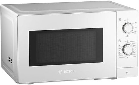 Bosch FFL020MW0 Serie 2 freistehende Mikrowelle, 26 x 44 cm, 800 W, Drehteller 27 cm, Türanschlag Links, AutoPilot 7 mit 7 Automatikprogramme, Reinigungsunterstützung, LED-Touchdisplay, Weiß