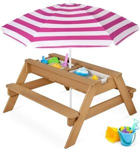 Best Choice Products Kids 3-in-1 Sand & Water Table, Wood Outdoor Convertible Picnic Table w/Umbrella, 2 Trays, Removable Top - Natural/Dark Pink