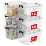 Cetomo 15L*6 Storage Boxes with Lids, Plastic Storage Bins with Latching Buckles, Click Closure, Stackable, Nestable, Clear Organizer for Home Office Clothes, Transparent, 15L-6 Pack