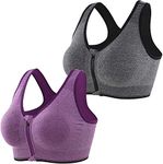 INIBUD Women's Sports Bra Post-Surgery Bra Zip Bra Zipper Front Wirefree Removable Pads Yoga Bra Zip Sports Bra (2 Pack (Pg), Medium)