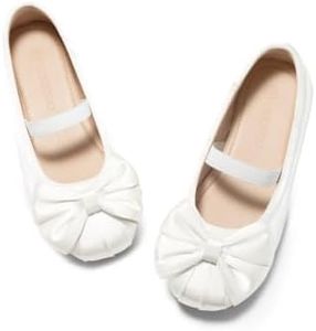 Coutgo Girls Dress Shoes Bow Ballet Flats Satin Square Toe Mary Jane Shoes